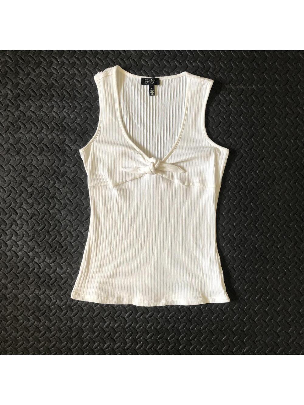 Jessica Simpson White Ribbed Sleeveless Top with Front Knot Detail, Size M